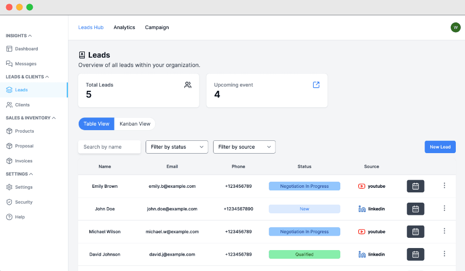 Lead tracking dashboard interface